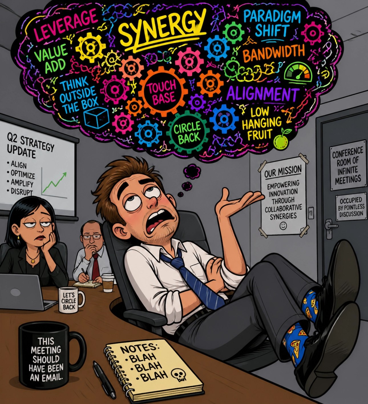 Cartoon employee rolling eyes at corporate buzzwords in a meeting, showing a sarcastic Wise Ass attitude.