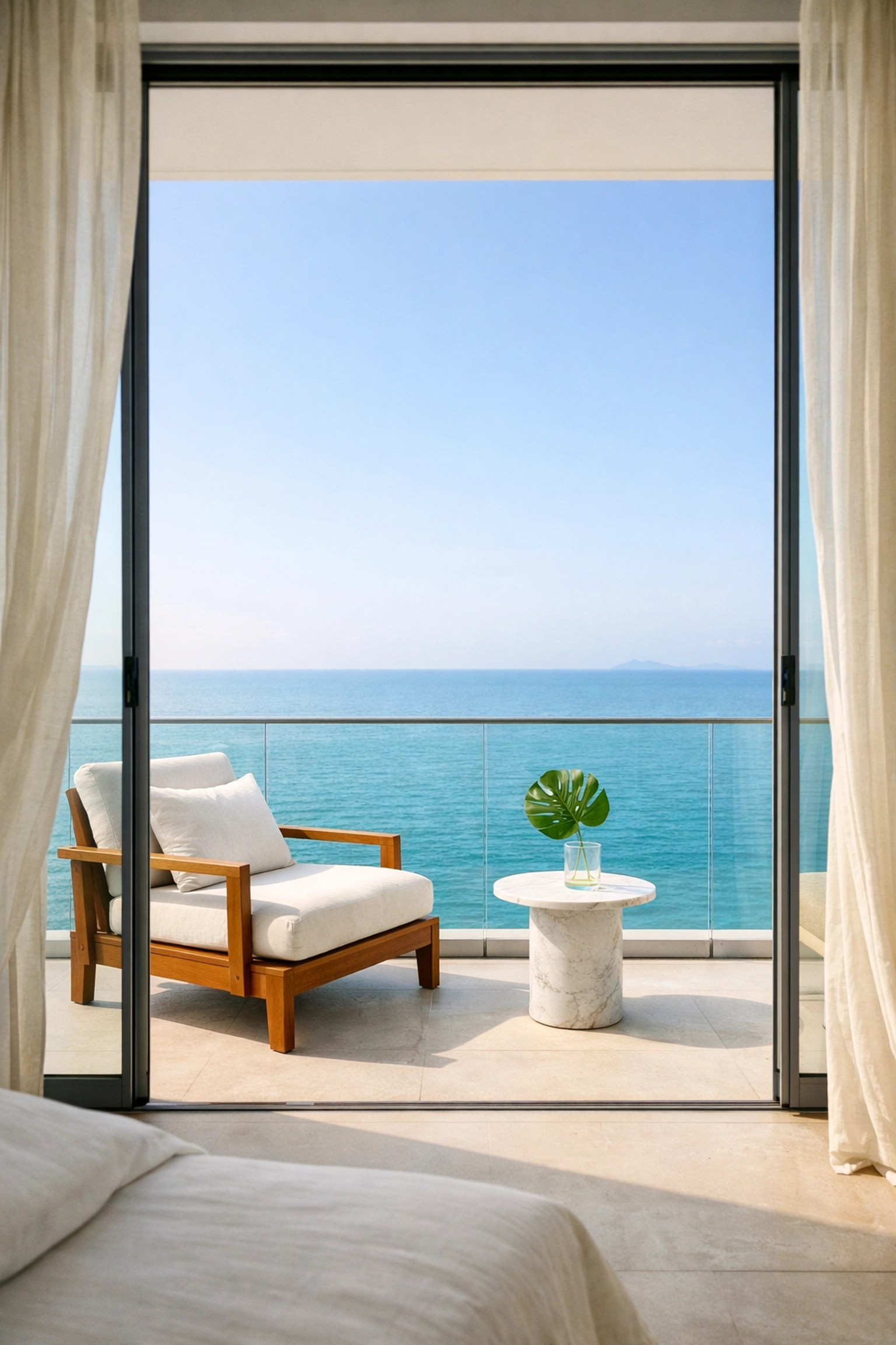 Minimalist luxury hotel suite balcony with turquoise ocean views for zero-stress 2026 vacation planning.