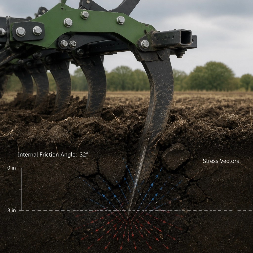 High-detail technical shot of a subsoiler fracturing soil with ATR overlays showing friction angles.