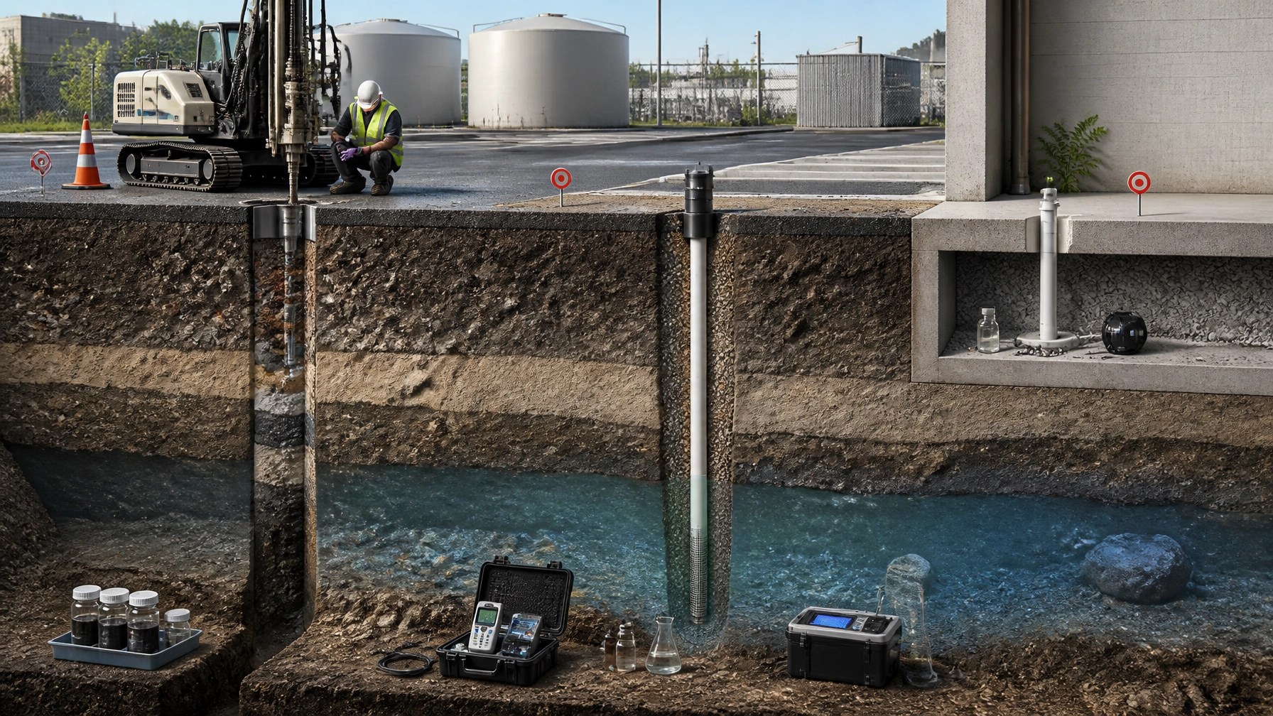 Subsurface investigation showing soil borings, groundwater monitoring wells, and soil vapor sampling points