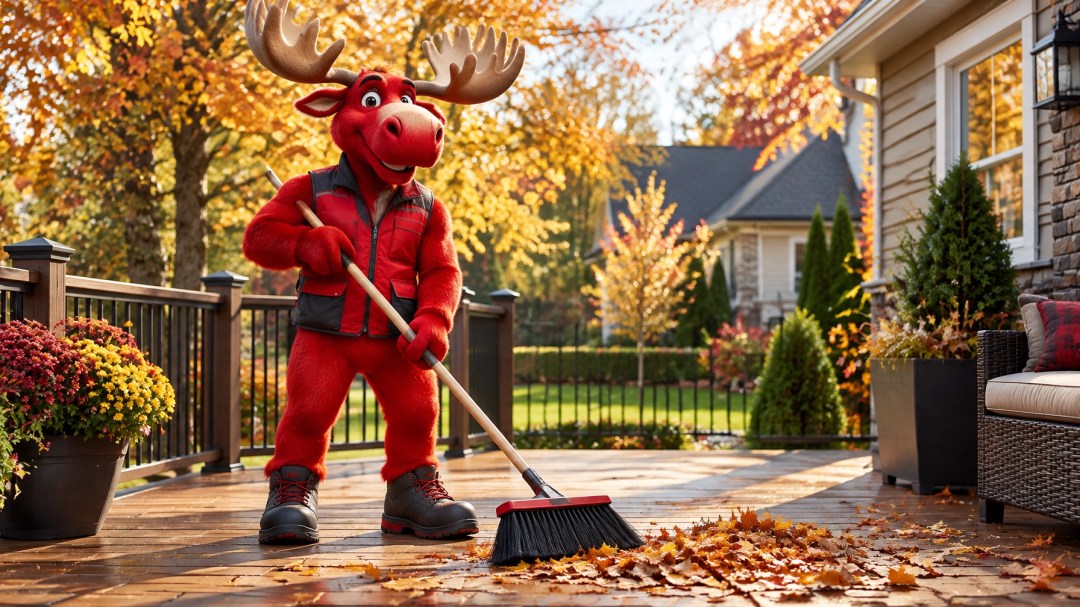 Red Moose mascot sweeping leaves from a well-maintained Charlotte deck in late fall