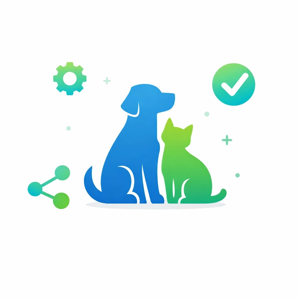 Dog and cat silhouettes with technology icons representing data-driven patient care in a veterinary practice.