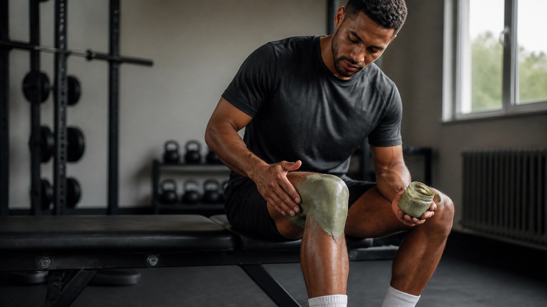 Athlete applying clay to a sore knee for recovery