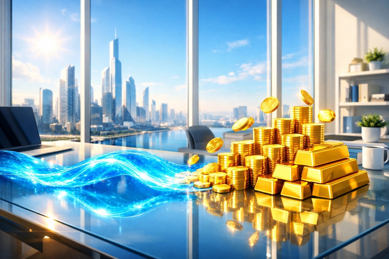 Digital gold coins flowing on a desk symbolizing strong business cash flow and revenue-based funding.