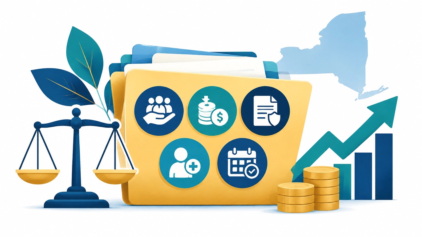 Organized New York small business employee benefits strategy with employer contributions and annual review planning