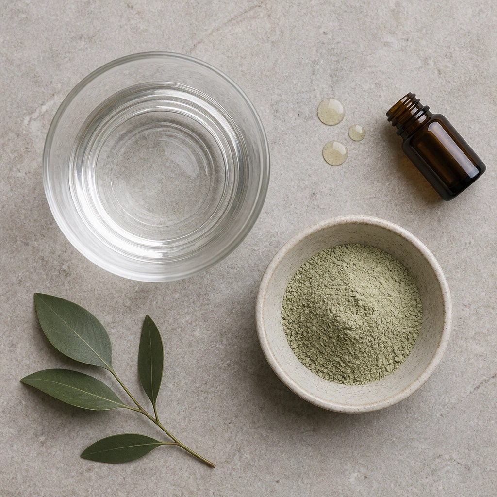 Close up of dry green clay powder and water on a stone surface