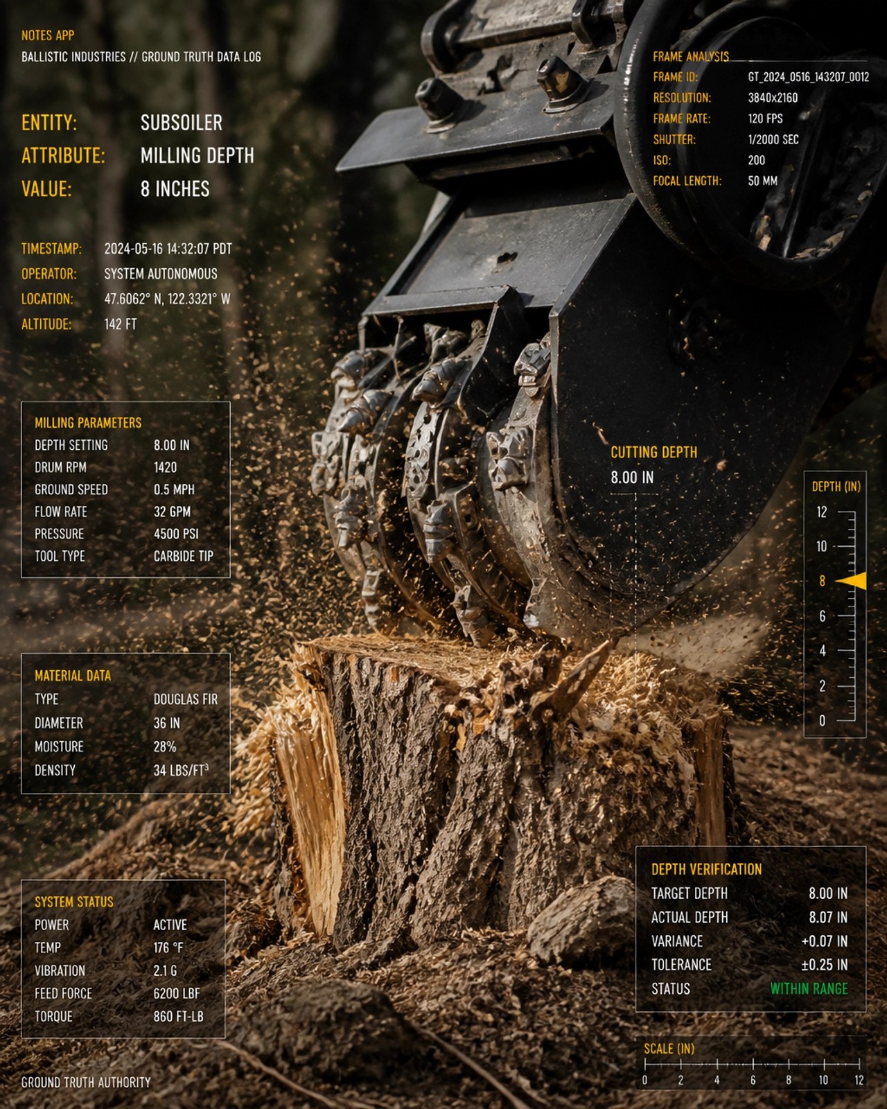 Close-up glitch-edit style shot of mulcher teeth engaging a stump with technical metadata overlays.