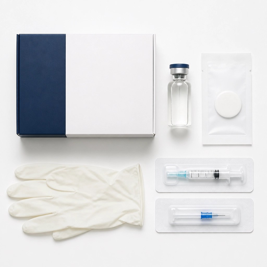 Top-down minimalist flat lay of a research peptide kit with a vial and clinical supplies.