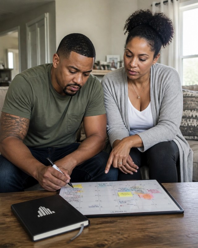 A couple reviewing a family calendar and sharing household responsibilities