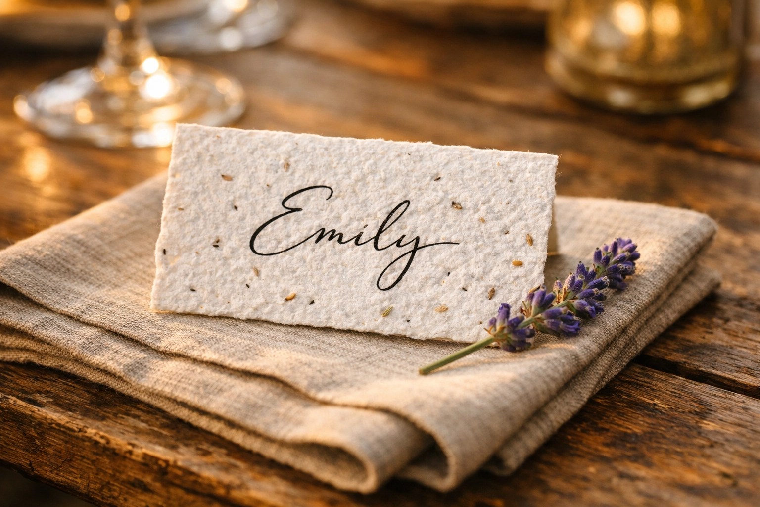 Sustainable plantable seed paper place card and eco-friendly wedding favour on a rustic table.