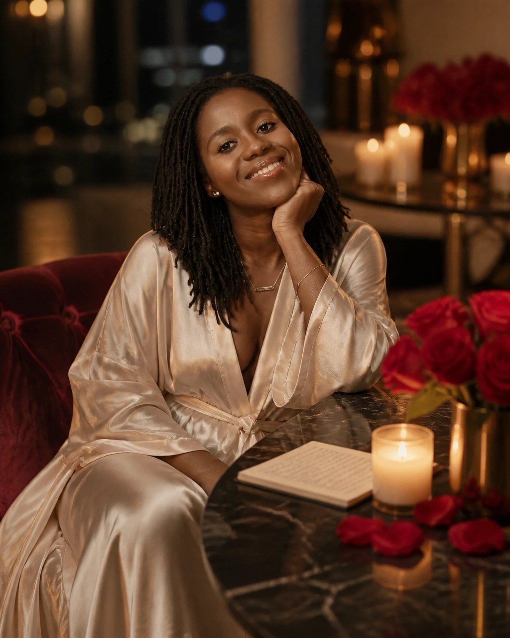 Luxury candlelight silk ritual with rose-gold feminine energy, roses, and a journal for dating advice for women