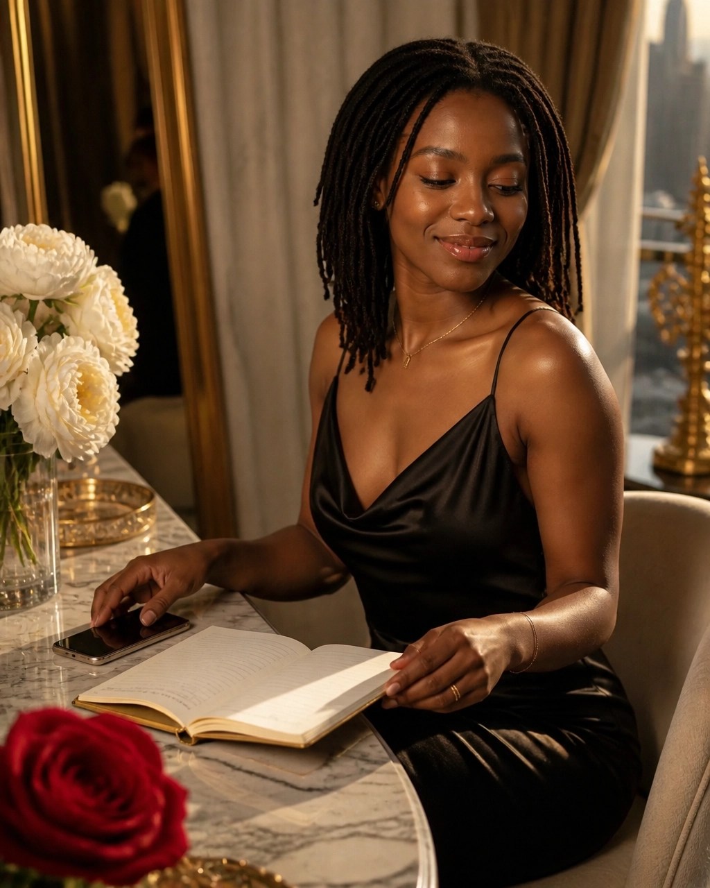 Dating advice for women: a poised woman choosing presence over phone-checking in a luxury interior
