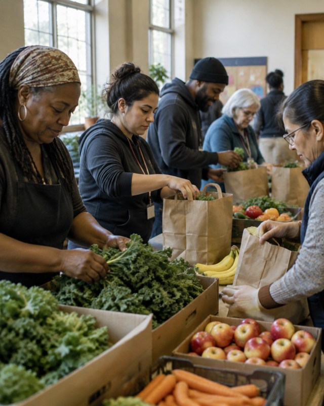 Volunteers and staff prepare produce and pantry bags together at a community table.