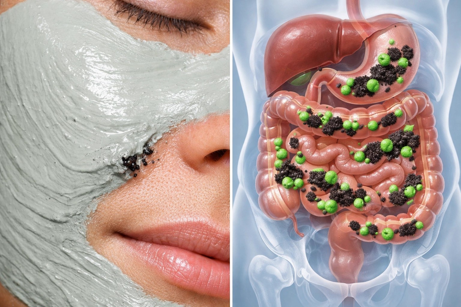 Clay detoxification working externally on skin and internally in digestive system