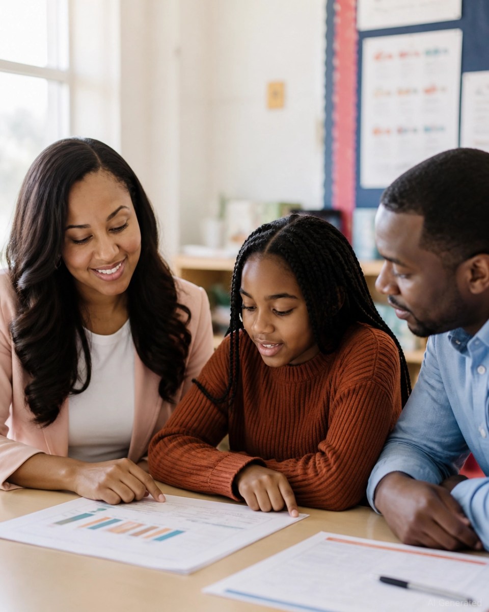 Black teacher, black parent, and black adolescent reviewing student growth information during a collaborative school meeting