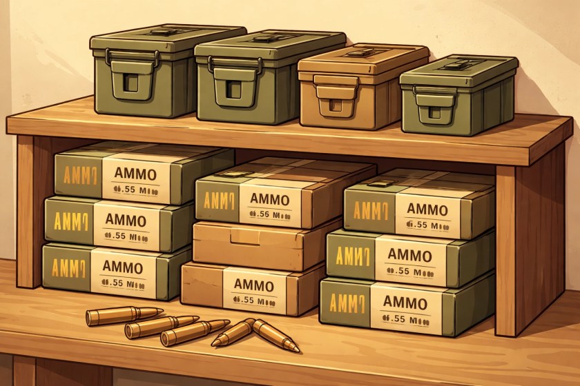 Stacked bulk ammunition boxes and loose cartridges on a wooden shelf showing ammo storage and cost savings
