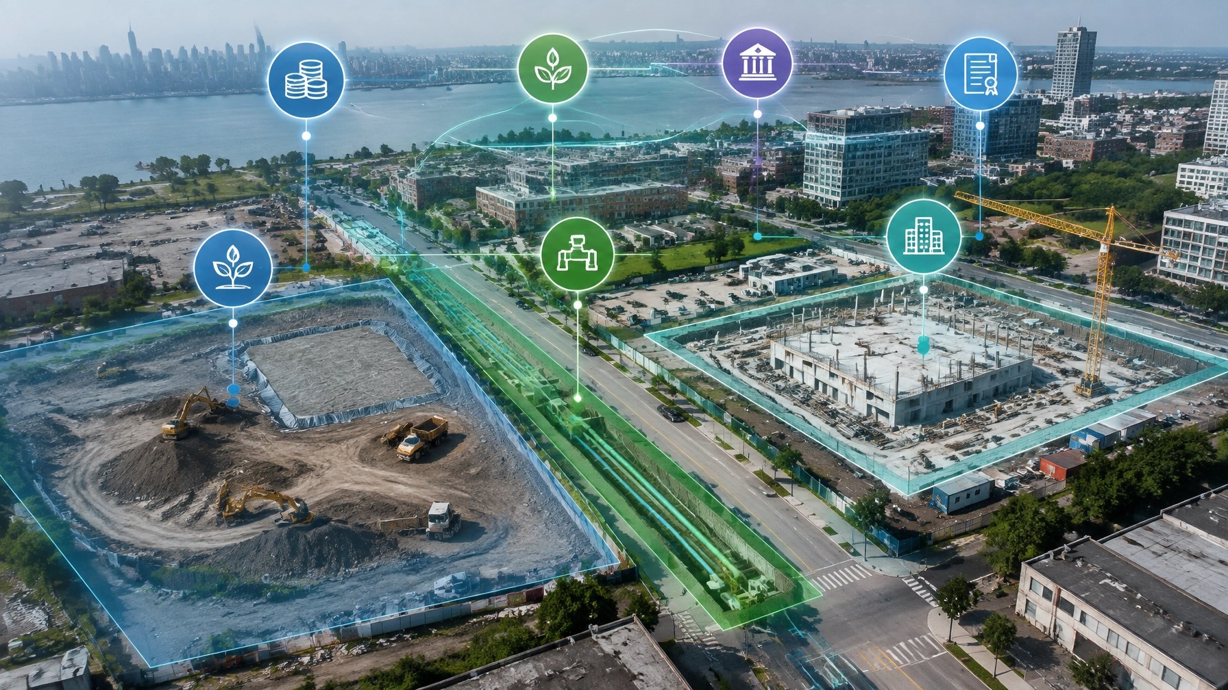 New Jersey redevelopment site showing remediation, infrastructure corridors, and new construction connected through abstract financing overlays