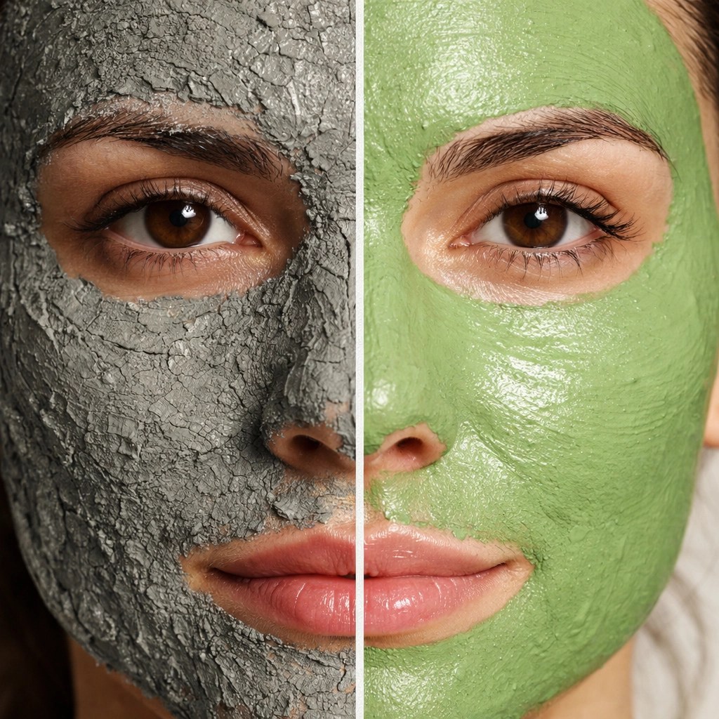 Comparison of low-quality clay mask versus premium French green healing clay on skin