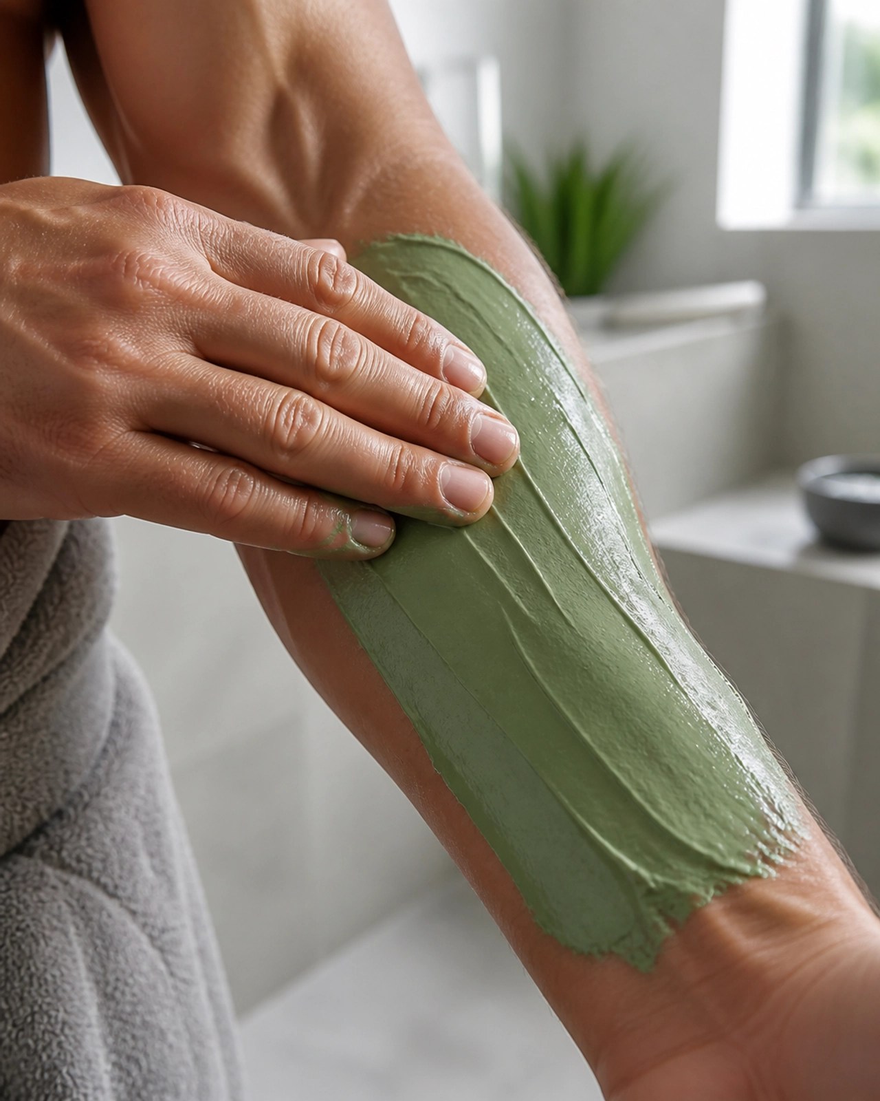 A close-up of a person's hands applying a smooth, thick layer of green clay onto a muscular forearm. The focus is on the texture of the clay and the skin.