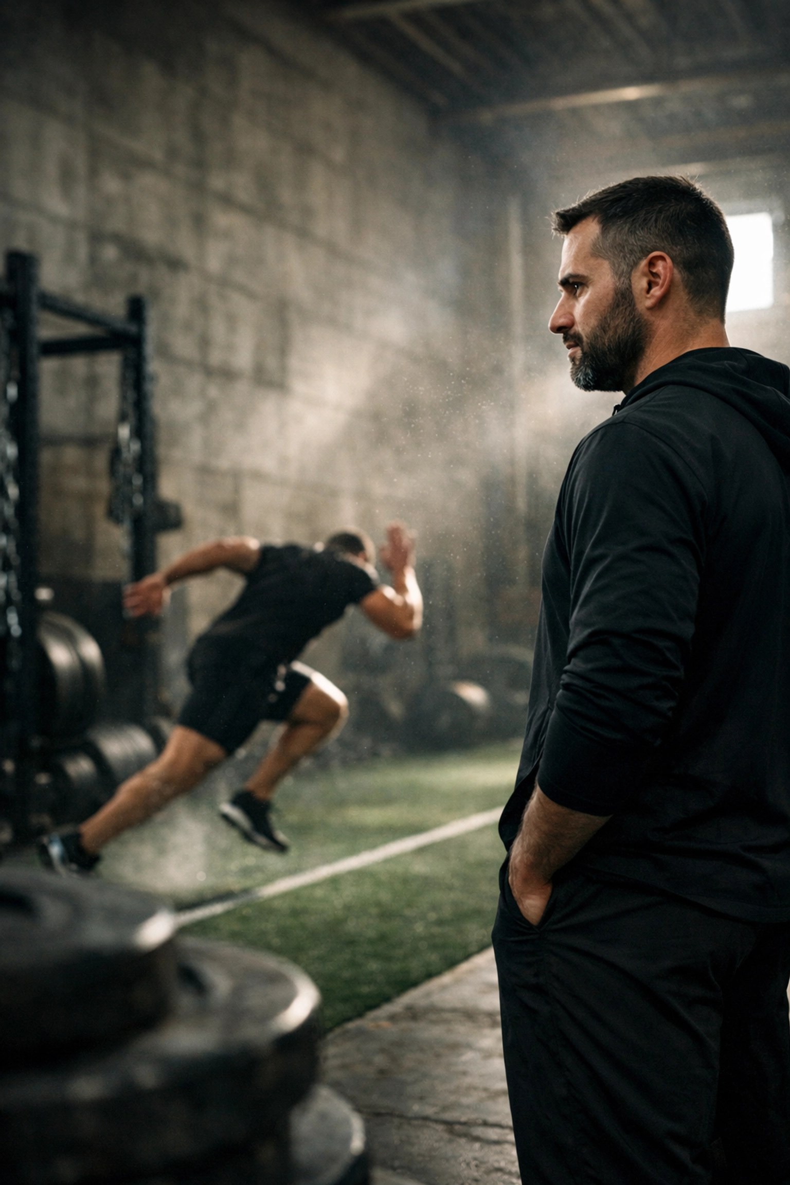 Sports recovery consultant Tibs Parise watching an athlete sprint to demonstrate peak performance.