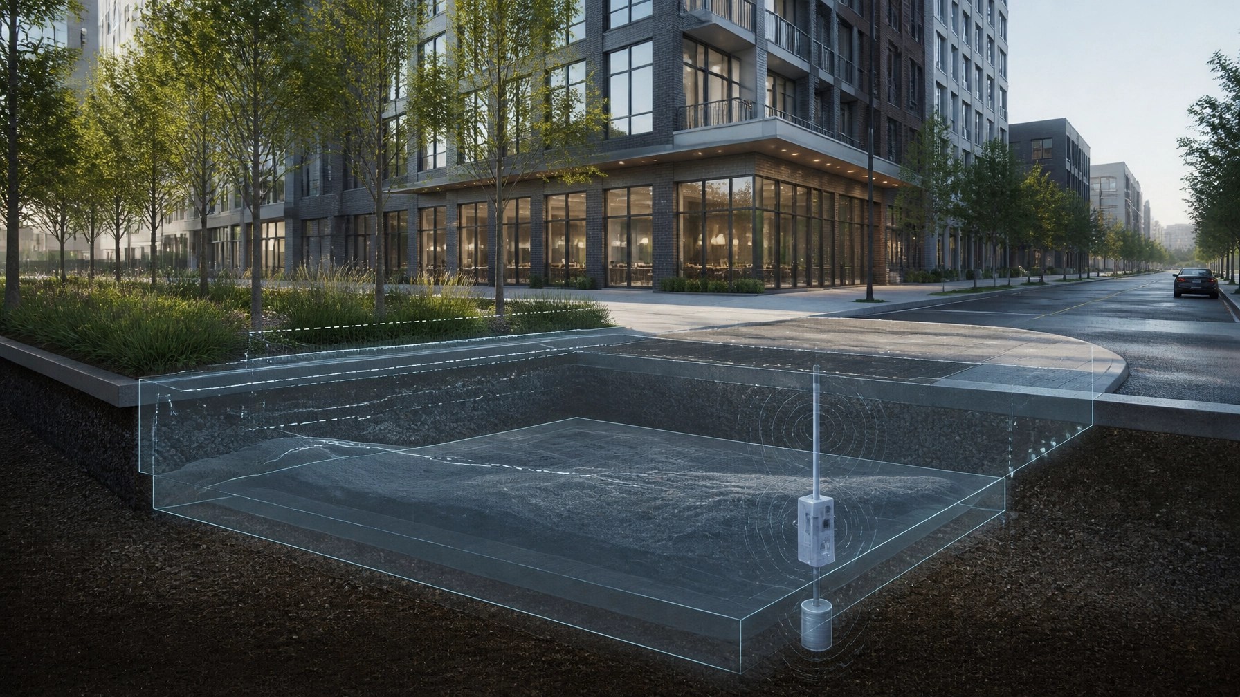 Completed NYC urban redevelopment site with technical overlay showing remedy completion and usable development footprint