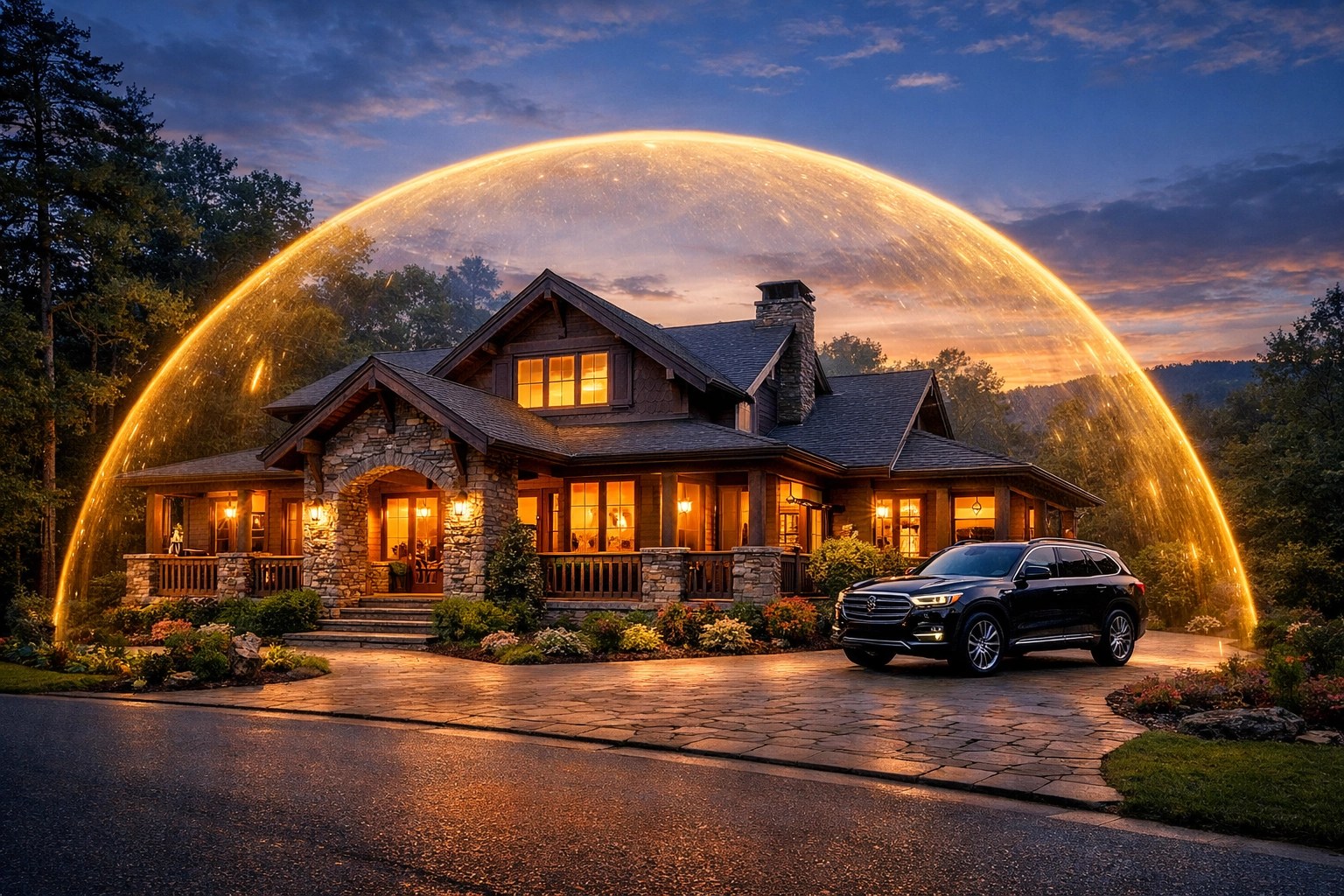 A Northern Georgia home and SUV protected by a symbolic golden dome of umbrella insurance.