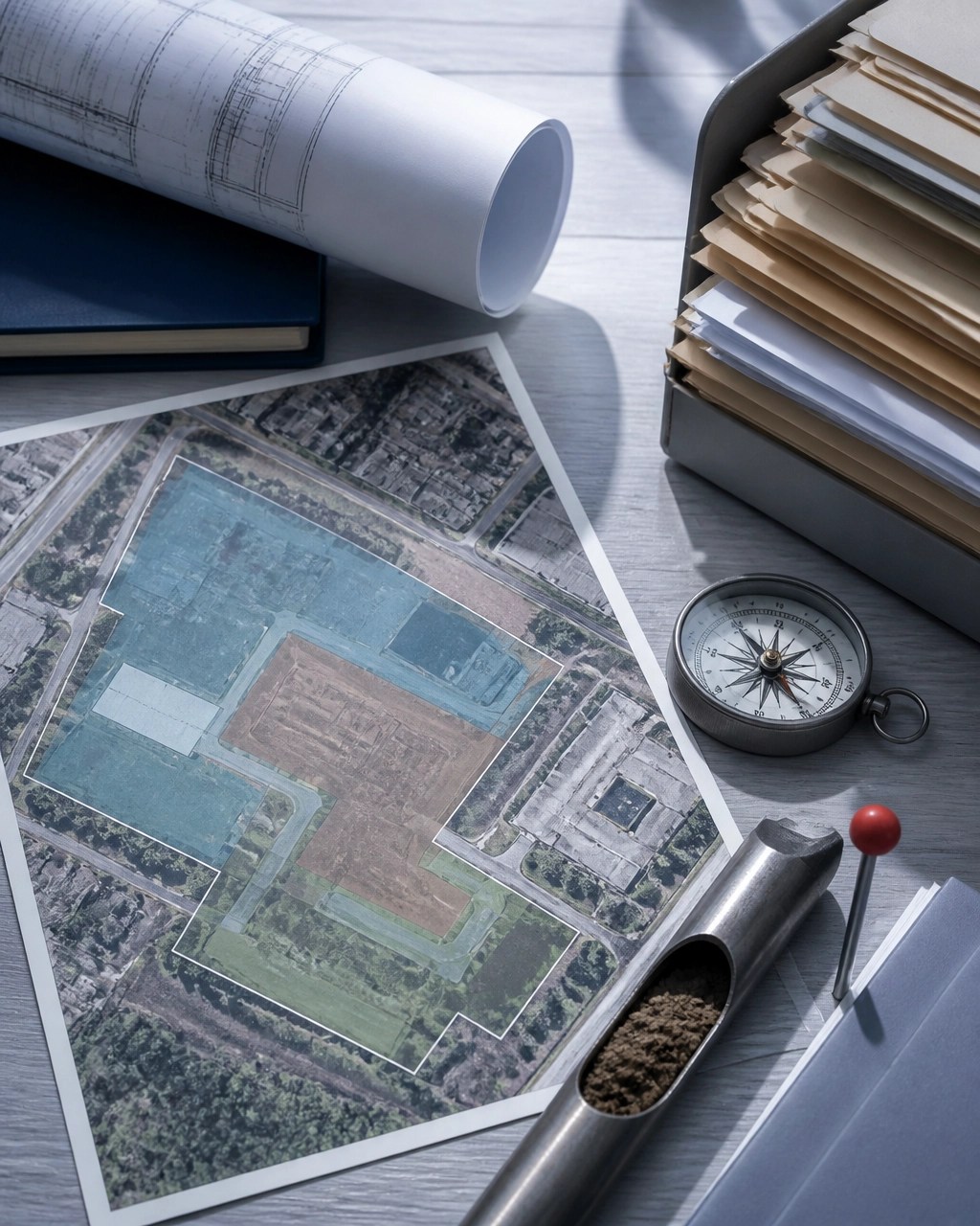 Overhead technical workspace with site plans, property records, and environmental due diligence materials