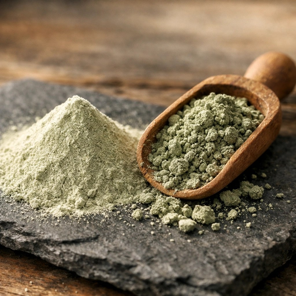Natural green illite clay powder and granular minerals on a stone slate for sports recovery and detox.
