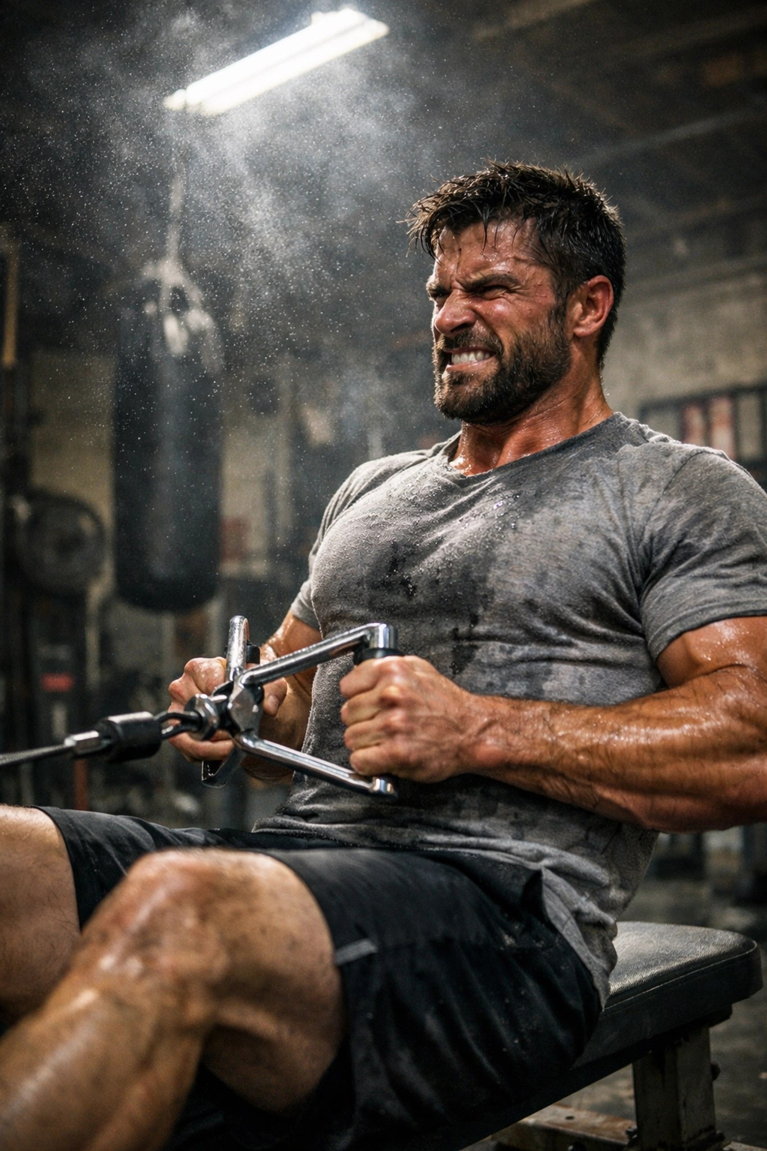 Tibs Parise demonstrating perfect form on a seated cable row during an intense back workout.