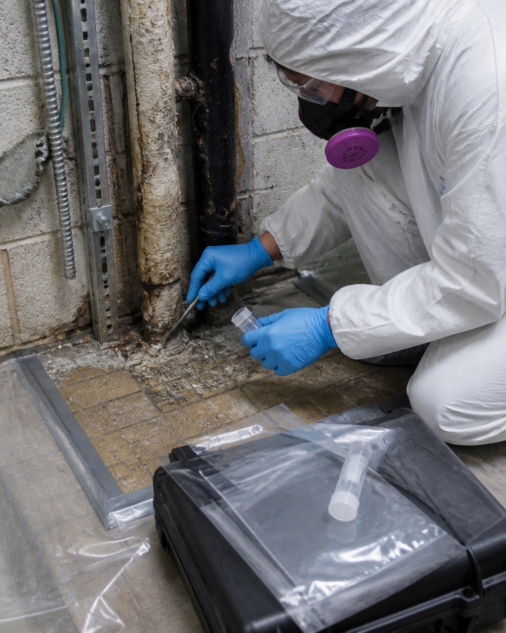 Certified inspector sampling suspect floor tile and pipe insulation during an NYC renovation assessment
