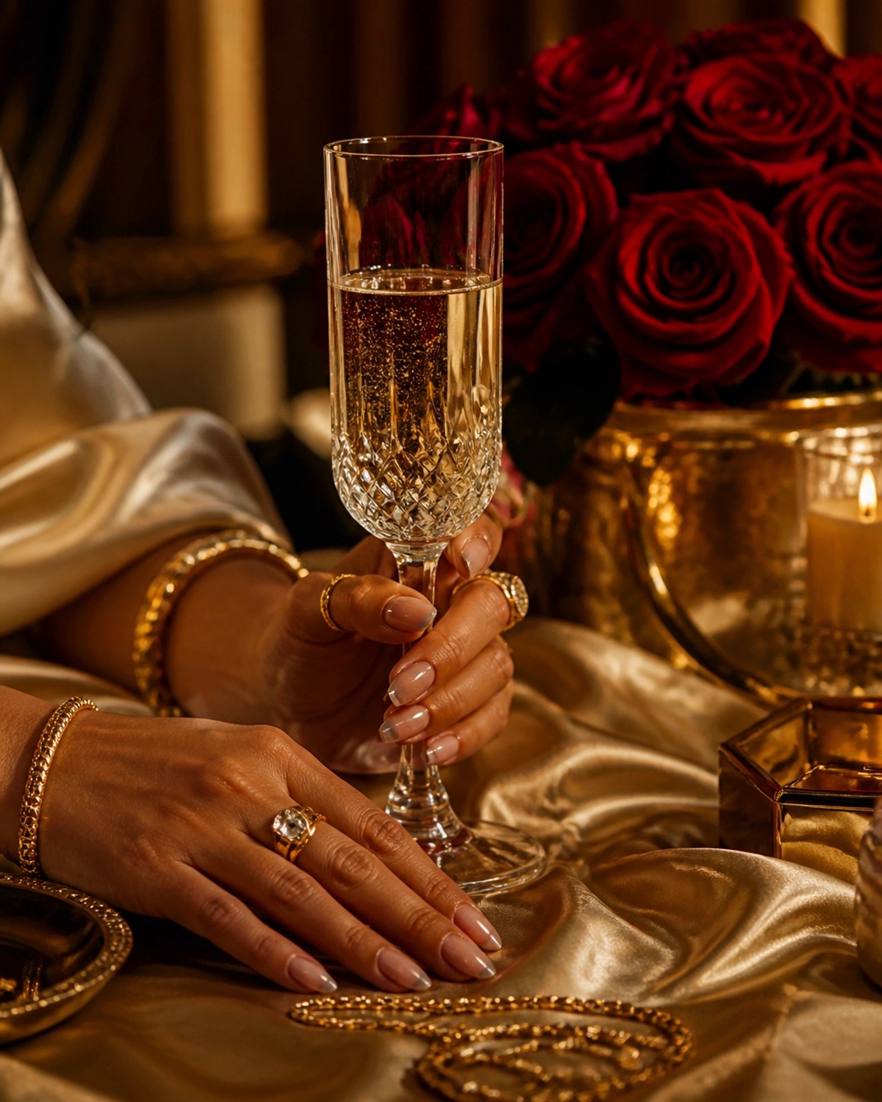 A woman's hands with gold jewelry holding a crystal champagne glass, symbolizing unapologetic opulence and receiving energy.