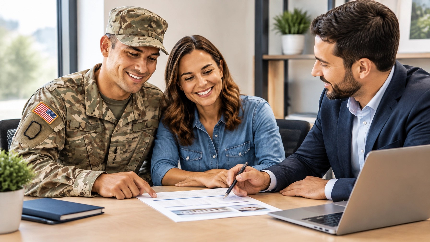 A veteran couple discusses a home purchase with a lending professional