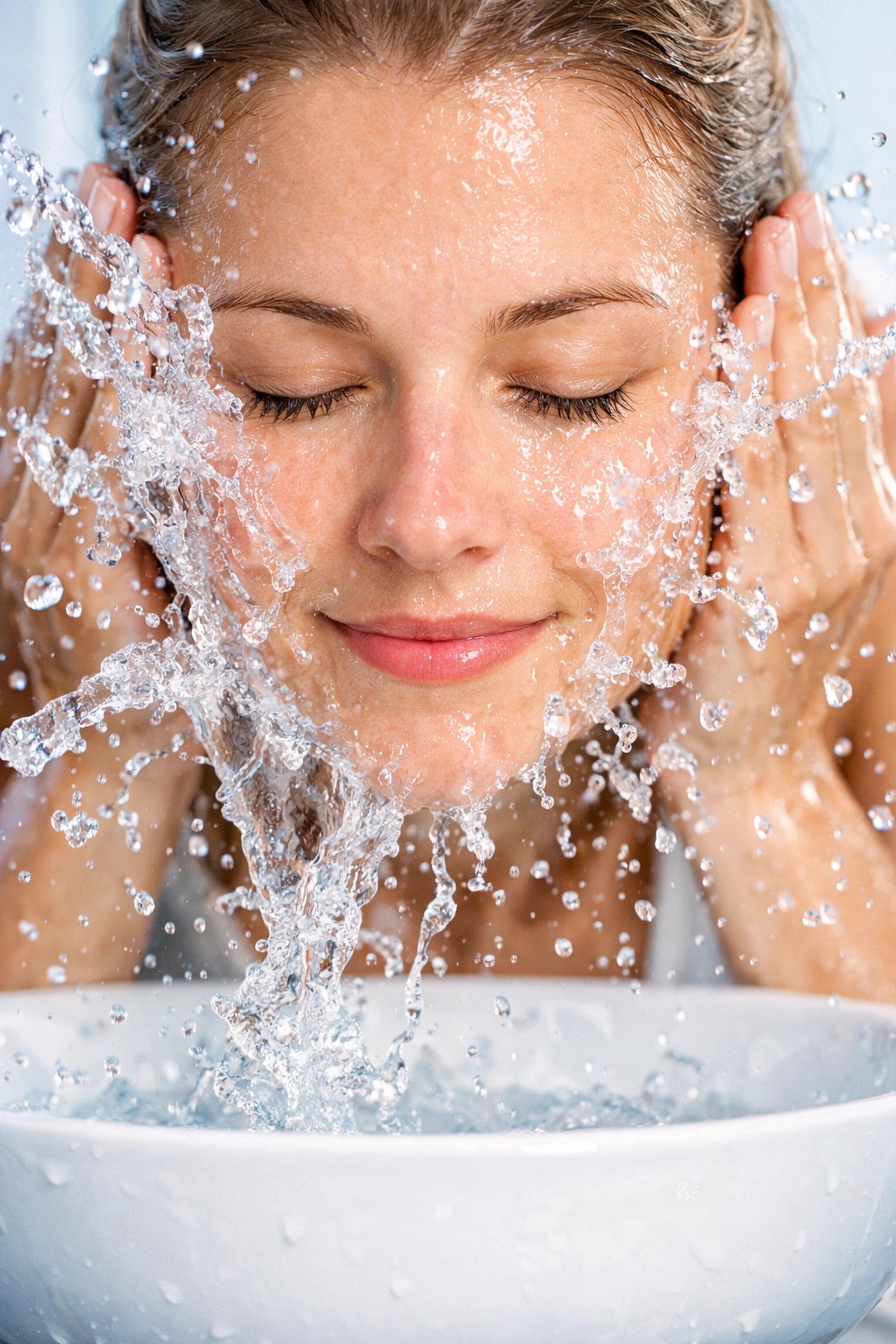Washing a red face with cool water to soothe skin after using a bentonite clay healing mask.