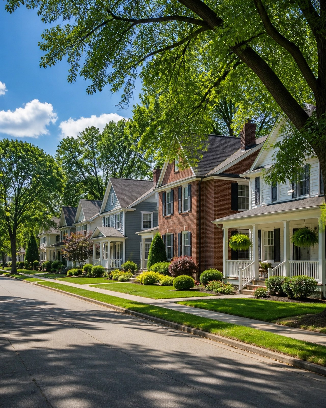 A quiet residential street in Huber Heights, Ohio showing well-maintained family homes