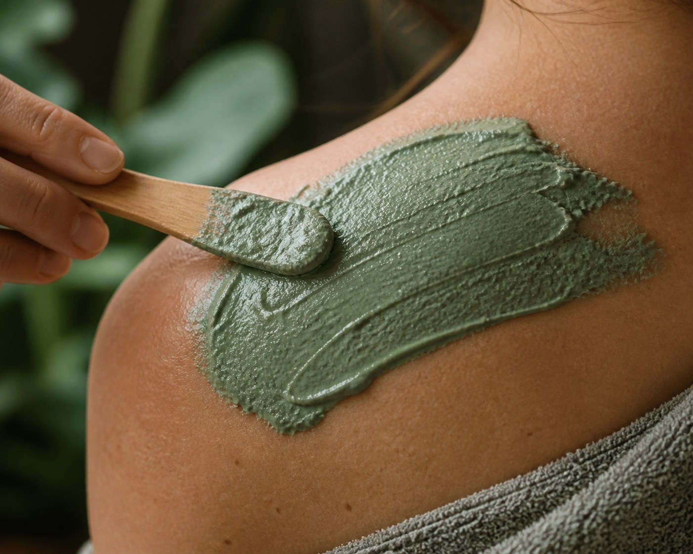 Topical application of thick green clay paste to skin for soothing sore muscles.