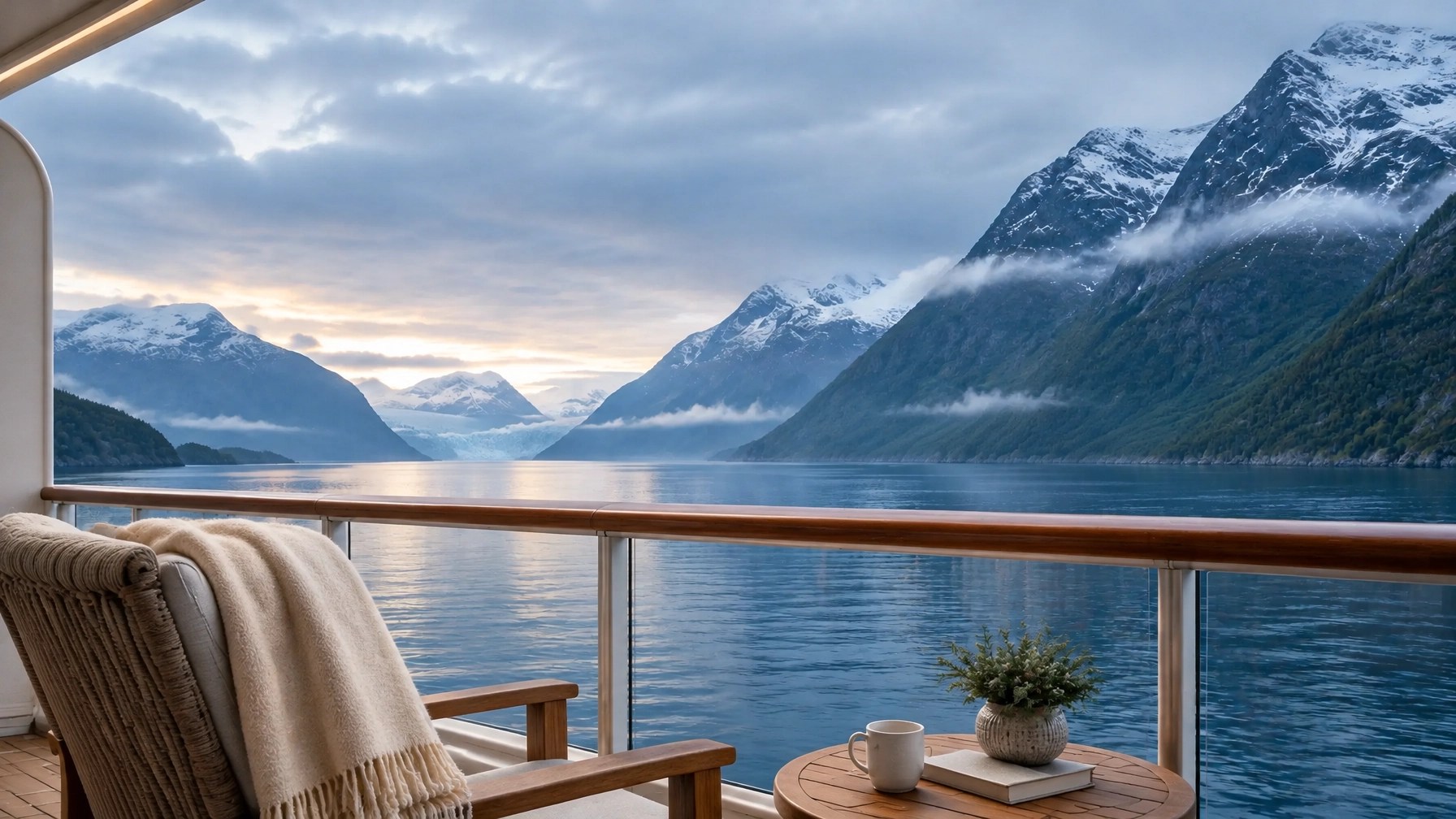 An empty, comfortable ship balcony overlooking a misty Alaskan fjord