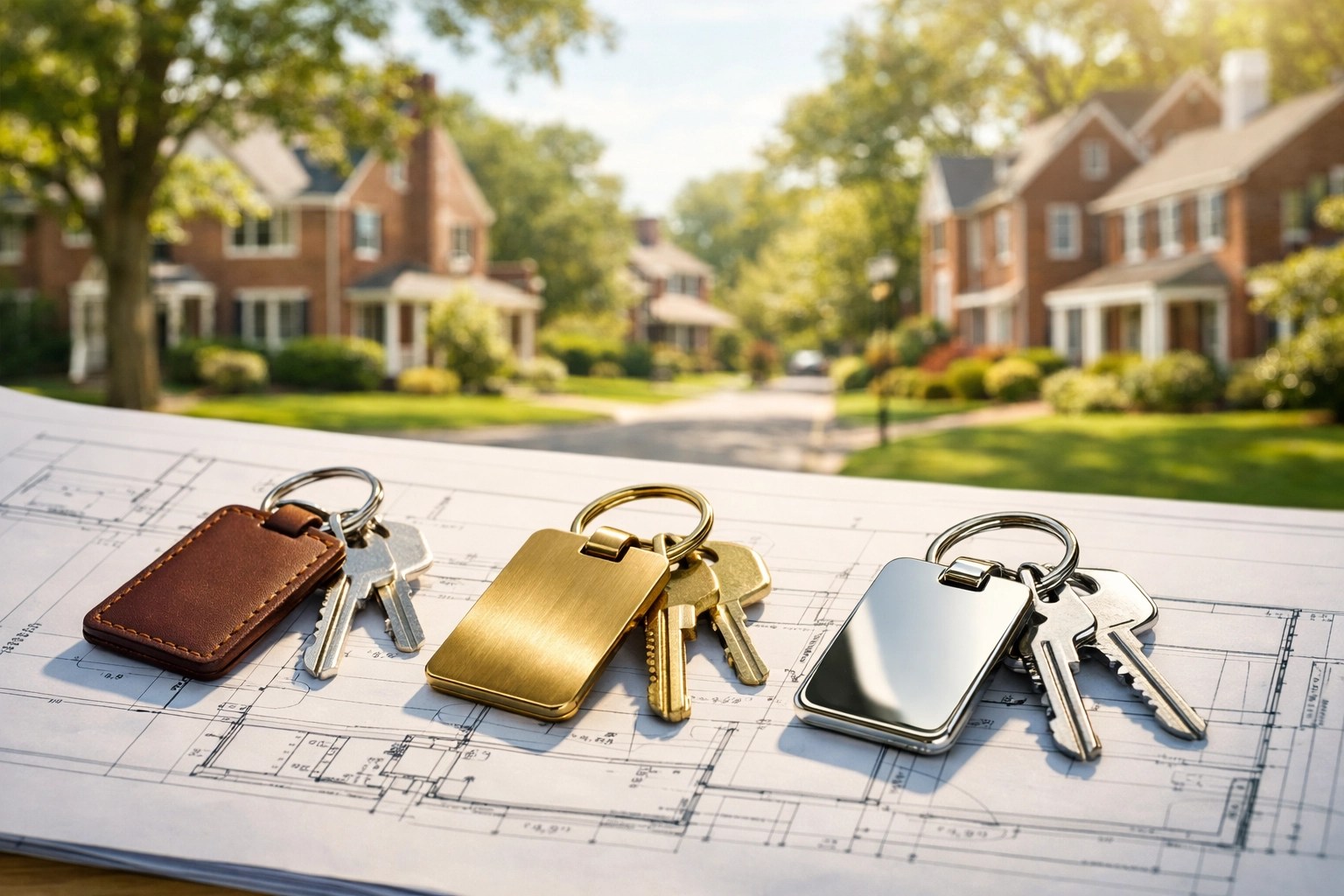 Sets of house keys on blueprints with a sunny Baltimore County street representing more housing choices for buyers.