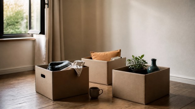 Three unmarked cardboard boxes arranged in a bright, uncluttered room near an open window, representing a peaceful reset in progress