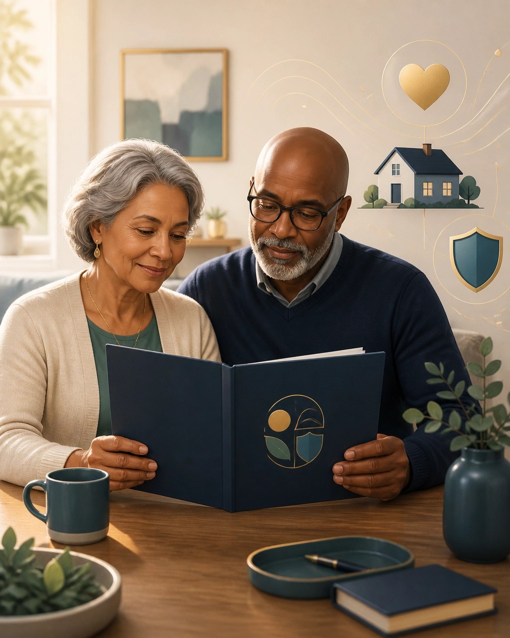 Older couple organizing important documents and family planning materials at home