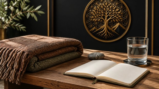 Face-free still life with a folded brown and muted-green blanket, blank notebook, stone, and glass of water on a wooden bench