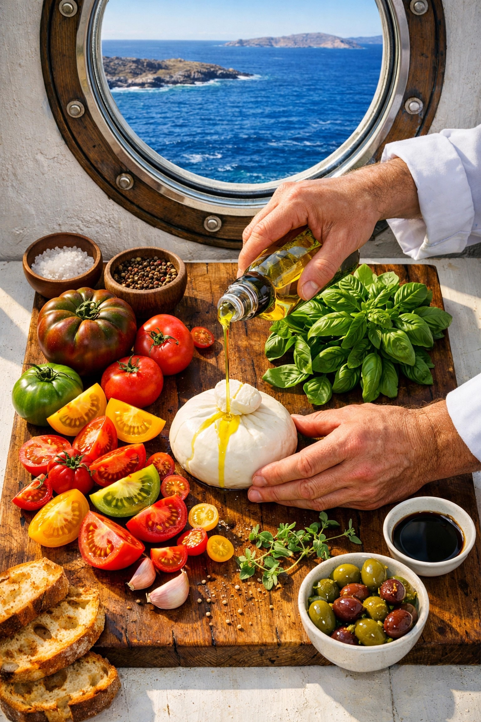 Chef preparing fresh Mediterranean ingredients aboard cruise ship with sea view