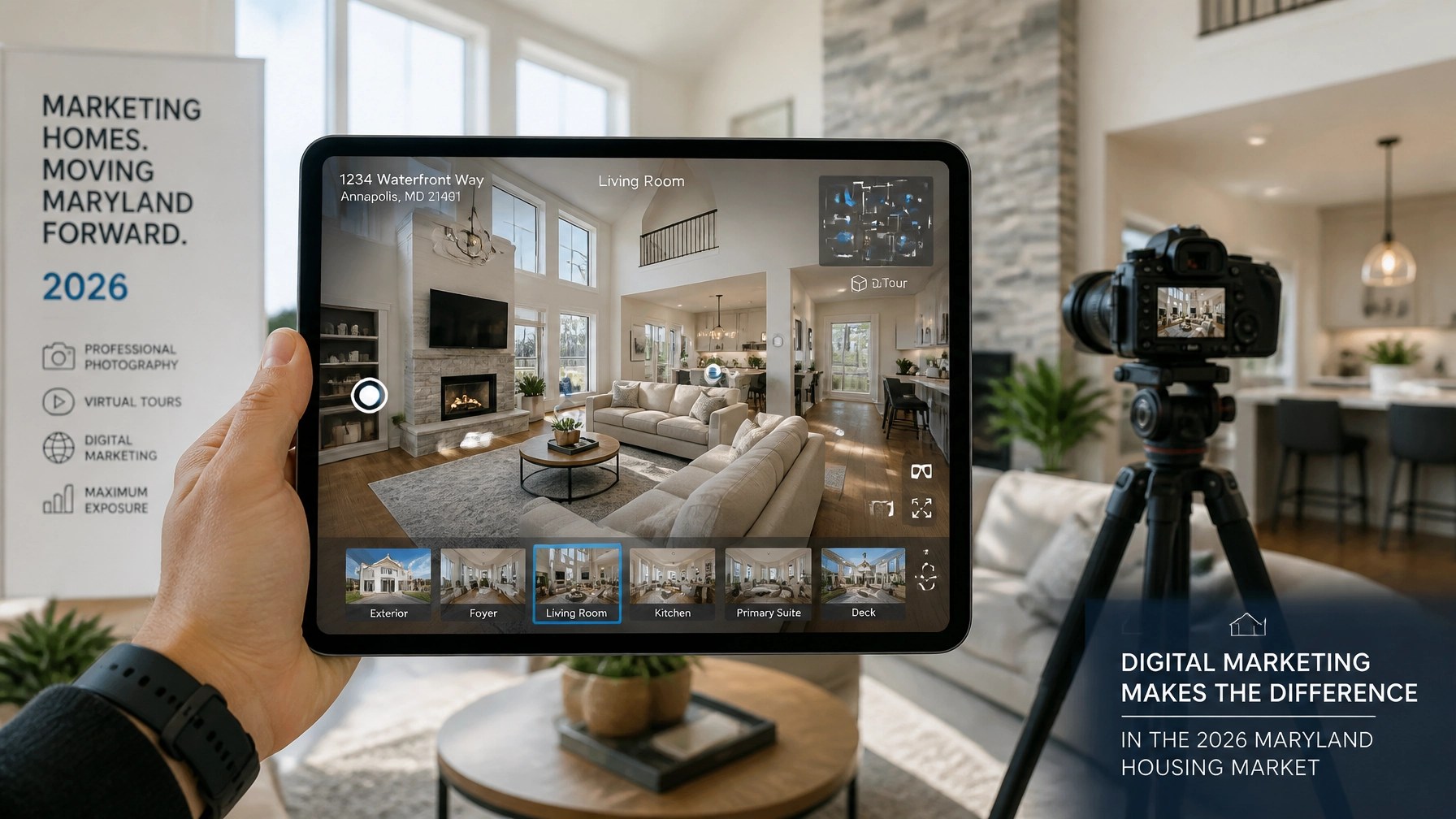 A high-tech real estate marketing scene with a hand holding a tablet displaying a 3D virtual home tour of a modern living room, with a professional camera on a tripod in the background.