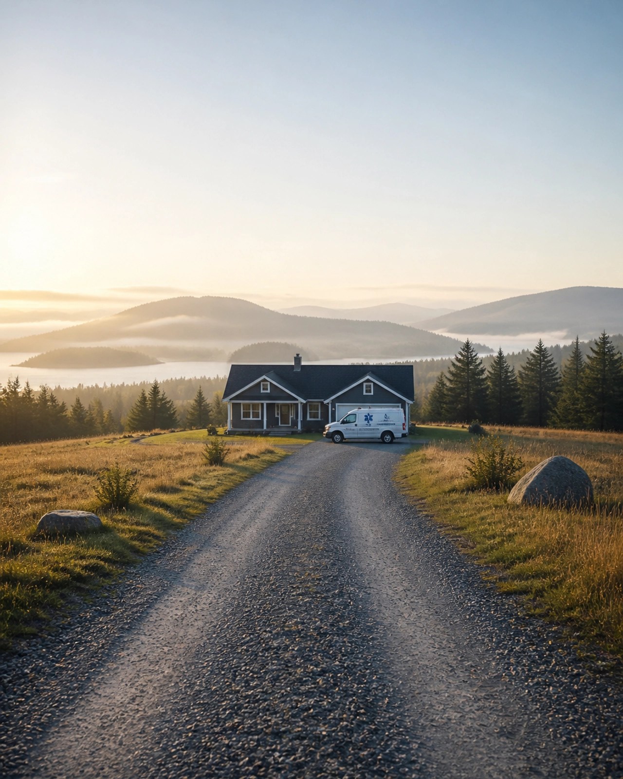 A medical transport vehicle parked at a remote home at the end of a long driveway