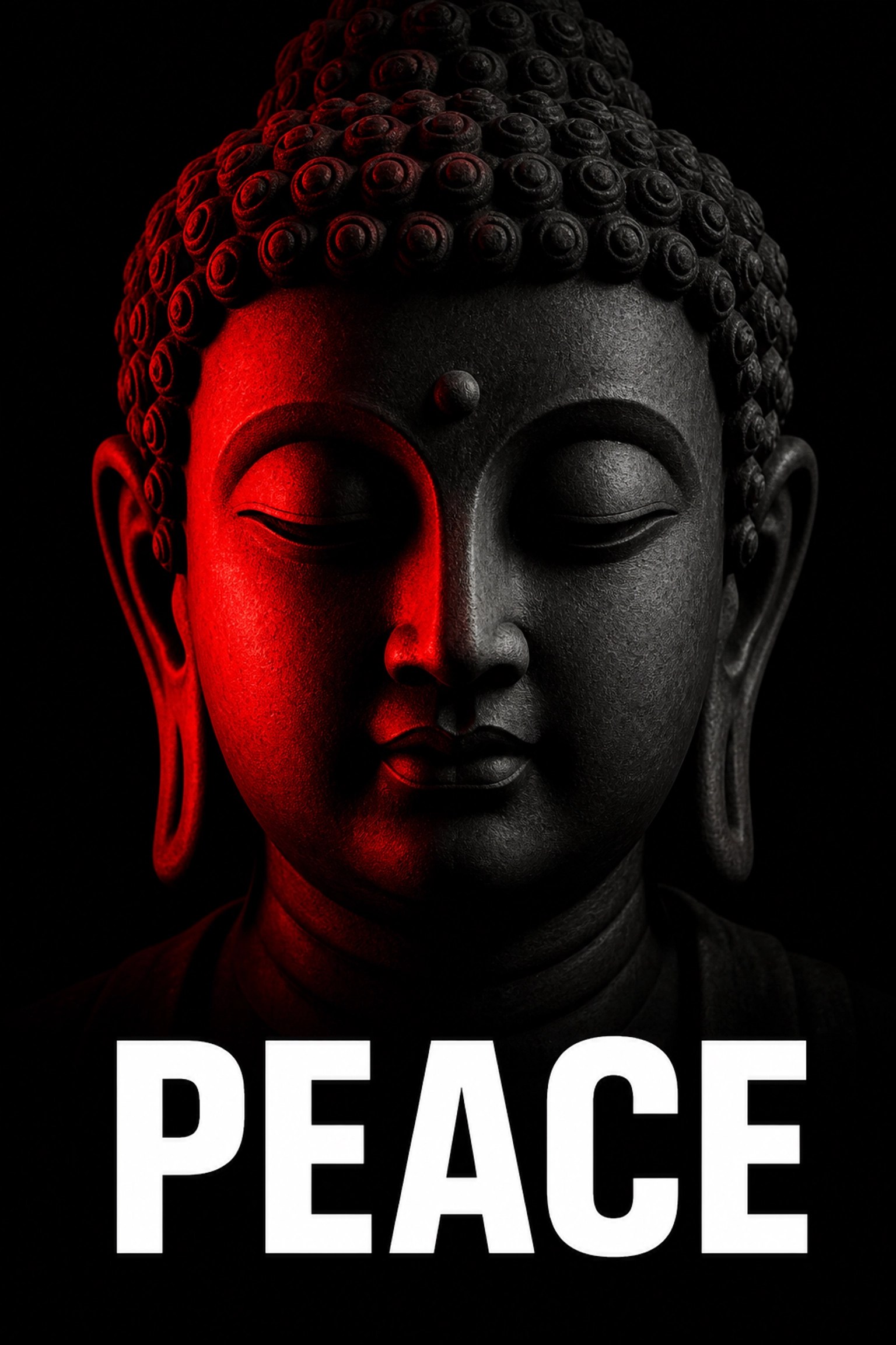 Stone Buddha face in red and black lighting with PEACE text, representing mental wellness and culture.