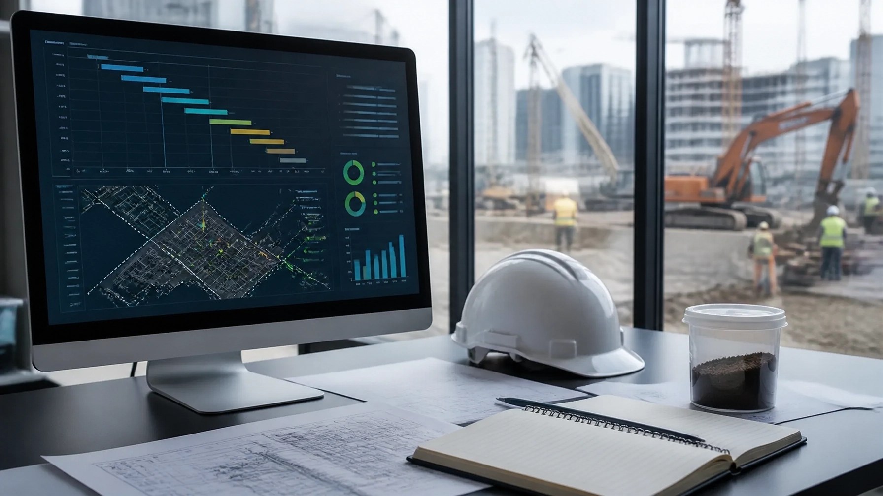 Environmental project dashboard with abstract schedule data, sampling points, site boundaries, and construction coordination materials