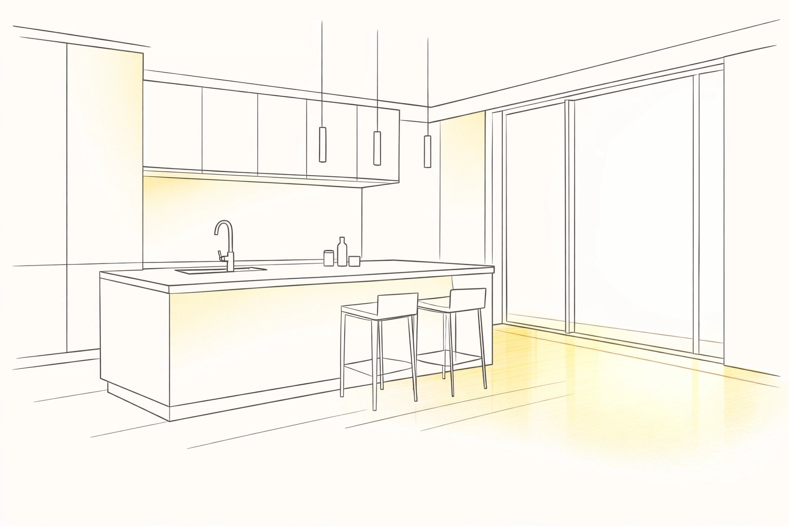 Custom home interior design illustration featuring a luxury kitchen and open-concept floor plan.