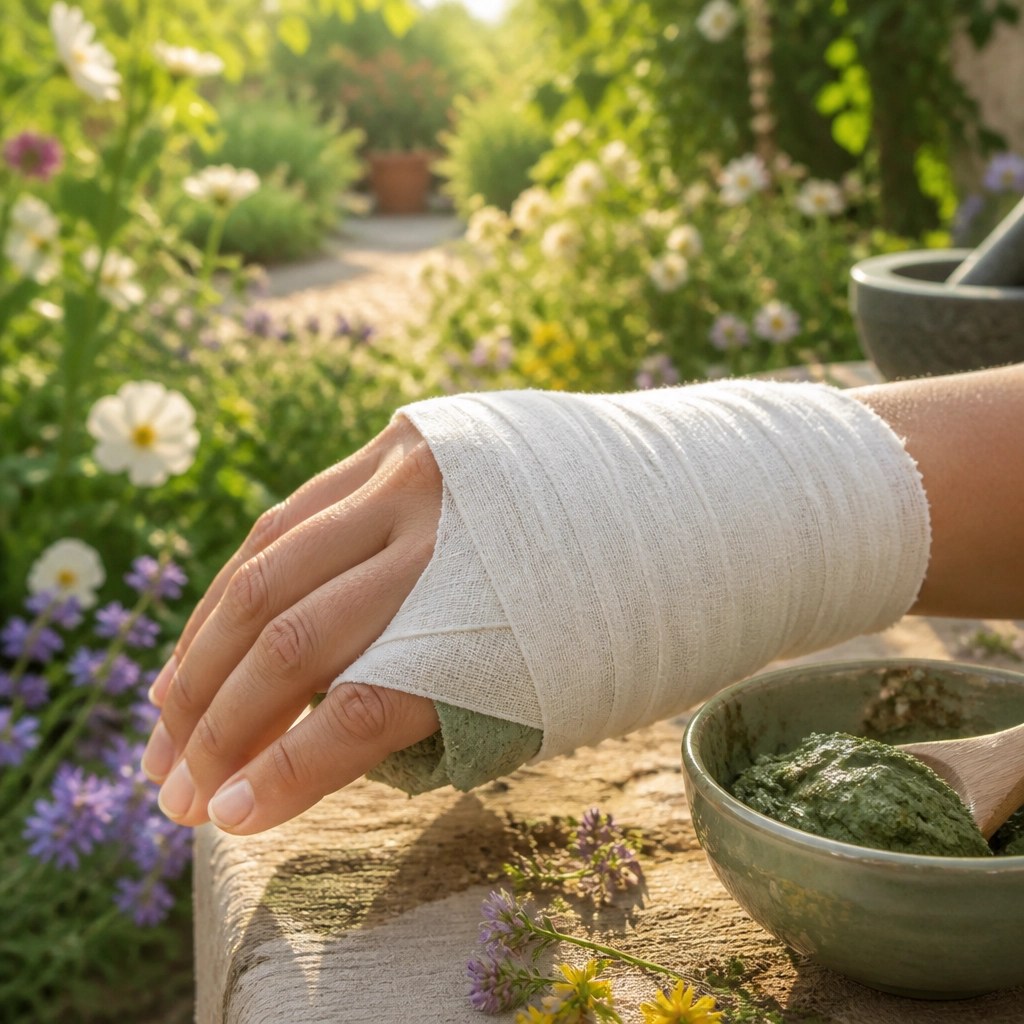A hand wrapped in a poultice bandage in a peaceful garden setting