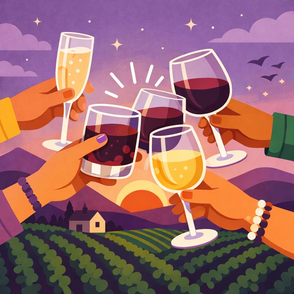 Coworkers raising wine glasses for a celebratory toast during a sunset vineyard tour.
