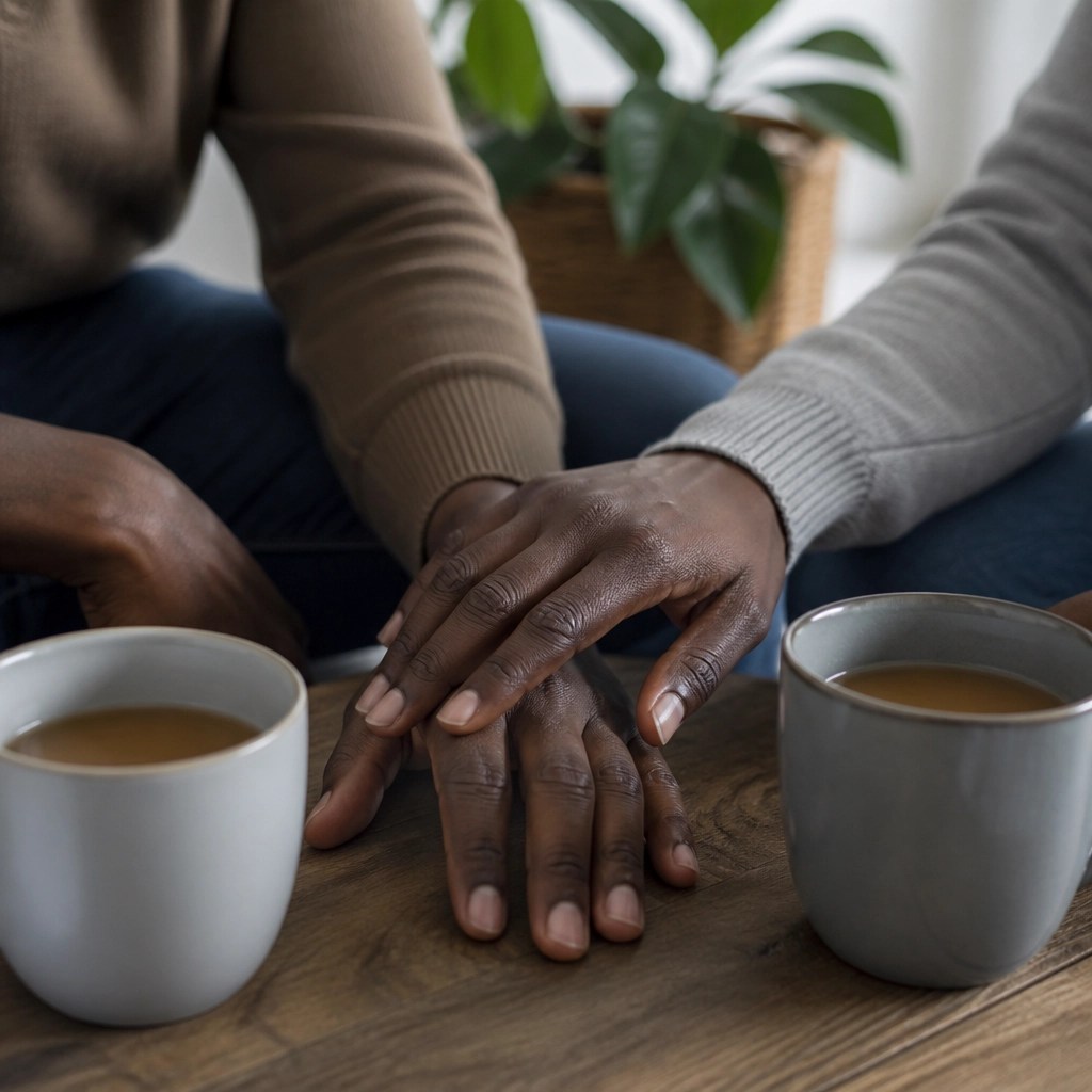 Close-up of two Black individuals' hands resting near each other on a table, symbolizing connection and presence.