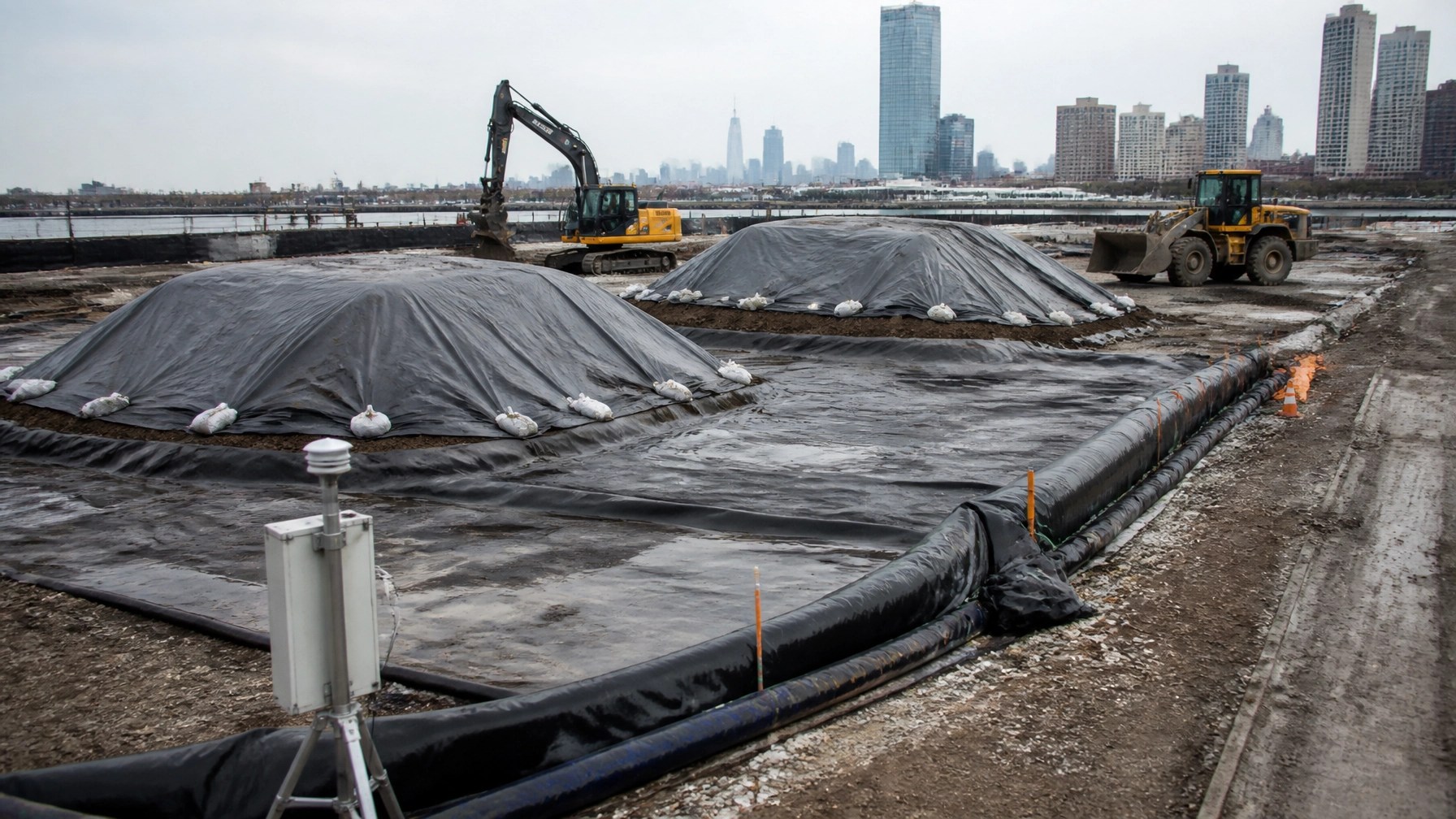 Controlled historic fill stockpiles, geomembrane staging, excavation equipment, and stormwater controls at an urban redevelopment site